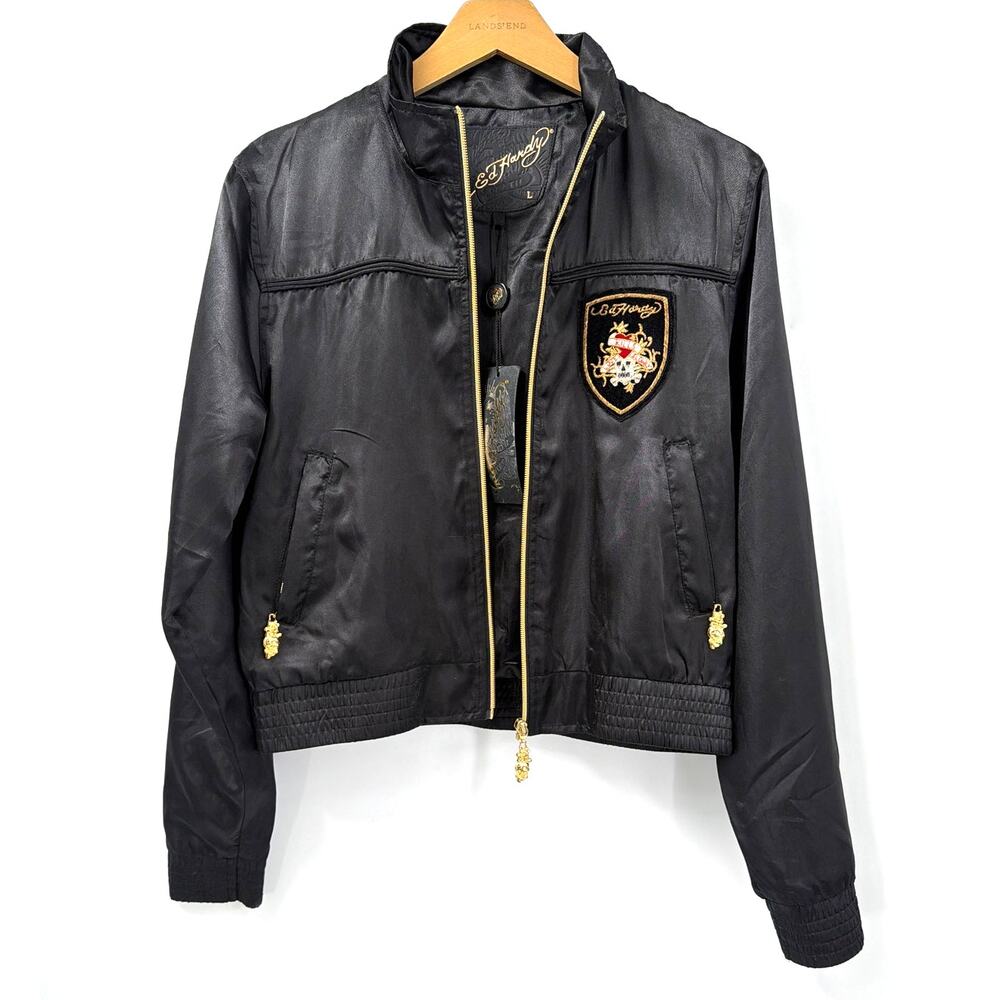 NWT Ed Hardy Black Satin Bomber Jacket Y2K Vintage